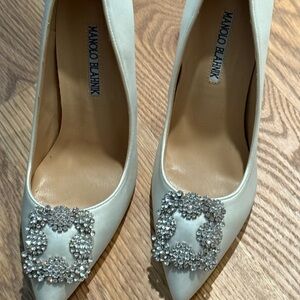 Manolo Blahnik White Heels with Crystal Embellishments